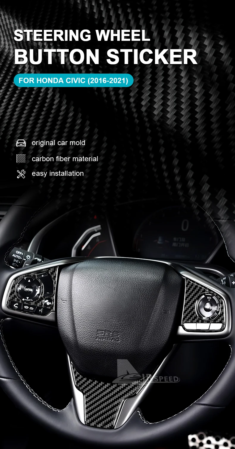 Echter, weicher Carbonfaser-Aufkleber für Honda Civic X 10. Generation 2016 2017 2018 2019 2020 2021, Lenkradverkleidung, Innenraumverkleidung – Detail 1