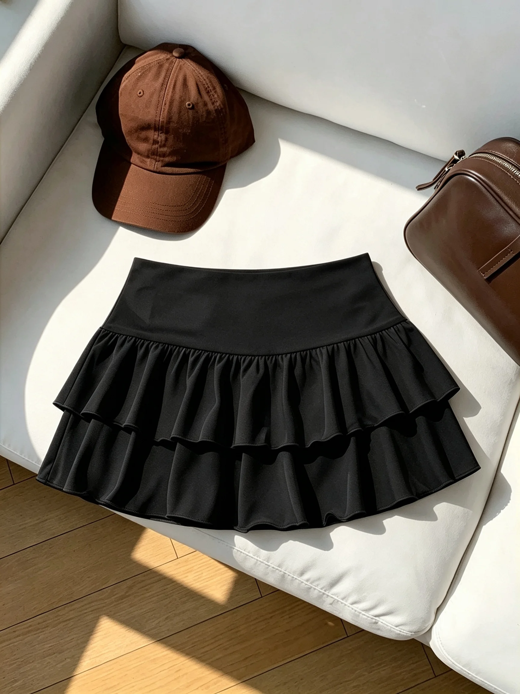 Damen-Minirock mit hoher Taille, Stufenrock mit Rüschen, doppellagiger kurzer Rock, Y2K, sexy, süß, lässig, für Urlaub, Party, Basic-Rock – Detail 12