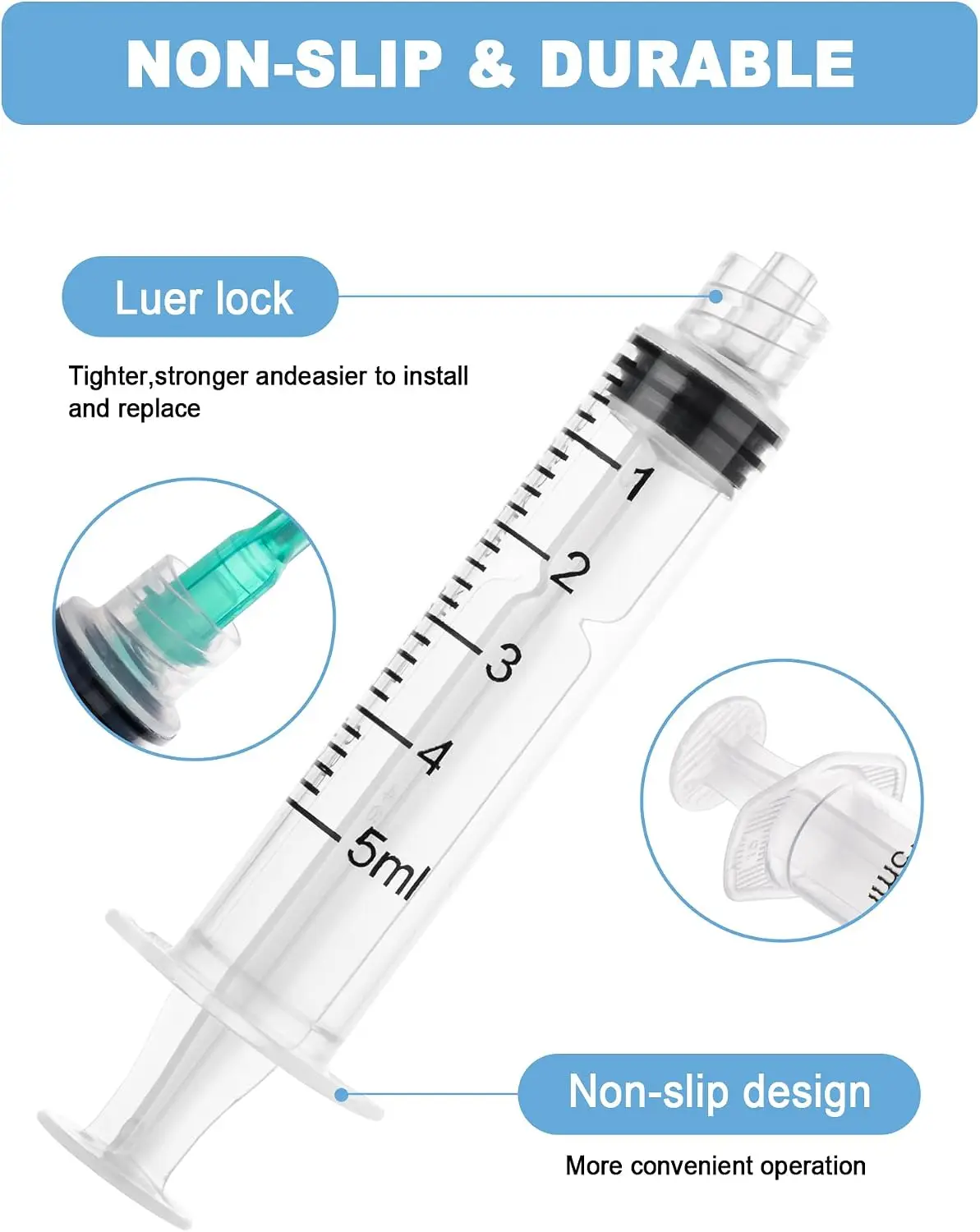 5ml Luer Lock Measuring Syringe Without Needle, Plastic Syringe with Cap, for Lab Liquid Transfer Pet Medicine Feeding Refill