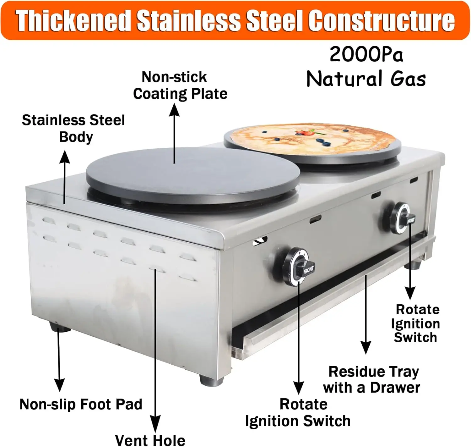 ダブルバーナー 15.75インチ 業務用パンケーキメーカー 天然ガス 2000Pa ノンスティッククレープメーカー パンケーキグリドルマシン