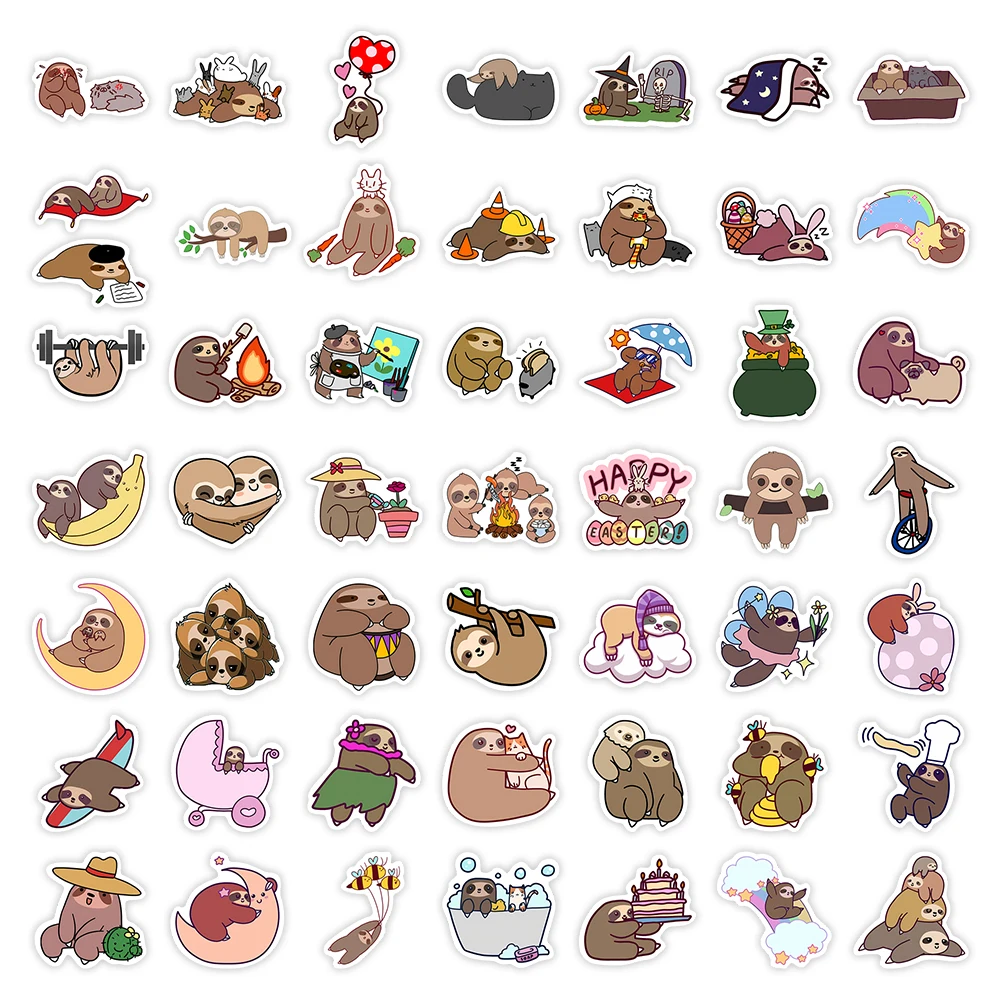 10/25/50PCS Cute Sloth Animal Cartoon Stickers for Laptop Luggage Phone Scooter Funny Vinyl Decal for Kids Girl Children Gift