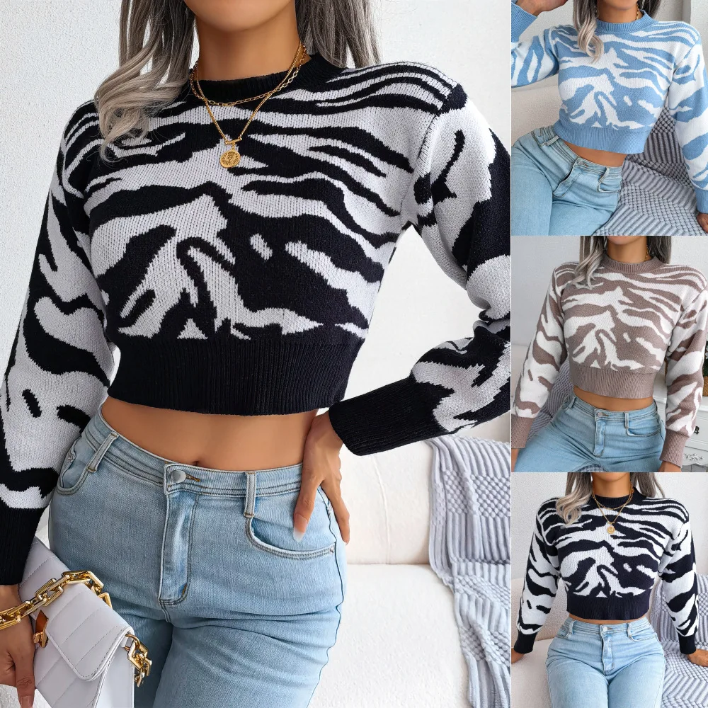 

Faionable Autumn Winter Tiger Print Long Sve Crop Knitted Sweater Cross-Border Women's Clothing round Ne ort Length