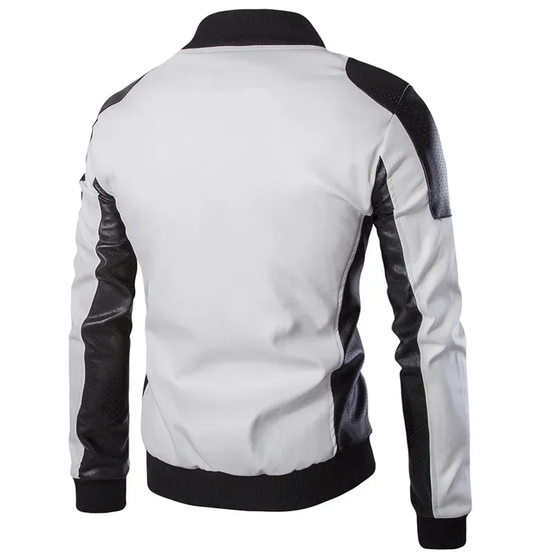 New Men Stand Collar Black White Color Matching Casual Leather Jacket Fashion Racing Clothing PU Leather Jacket Plus Size 5XL