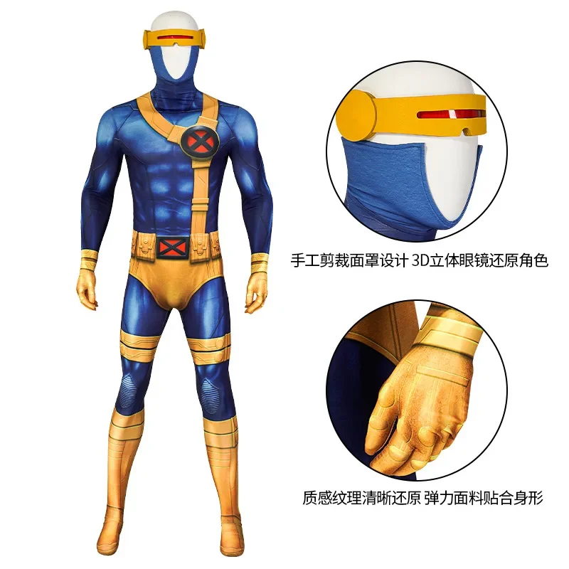 Cyclop Cosplay Costume 3D Print Bodysuit with Mask Glasses Hero Catcher Muscle Shade X Men Zentai Suit Halloween Outfit Adult