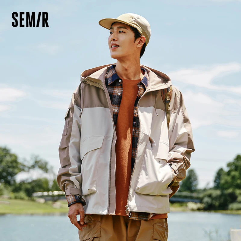

Semir Three-proof Jacket Men Autumn Outdoor Color Block Hooded Windbreaker Large Pocket Workwear Trendy Coat