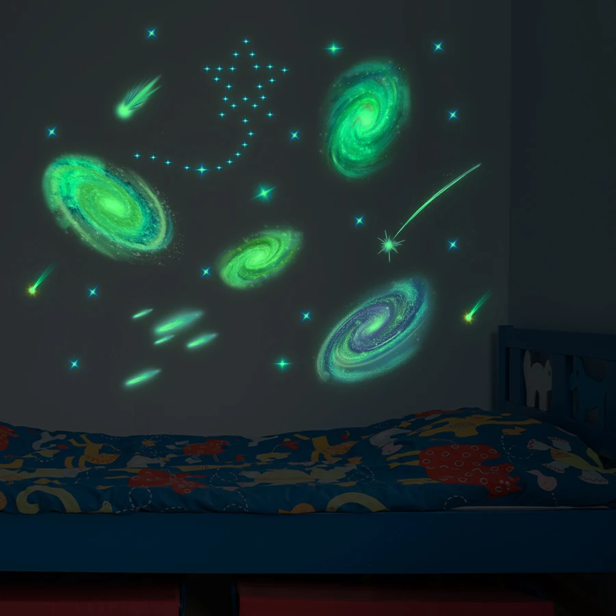 Calcomanías de pared espaciales para dormitorio de niños, pegatinas verdes que brillan en la oscuridad, pegatinas de sistema Solar de dibujos animados, decoración de habitación de astronomía, 1 Uds.