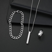 3pcs Stainless Steel Suit Jewelry Set For Men, Hip-hop Rectangle Pendent Necklace, Bracelet And Ring Set