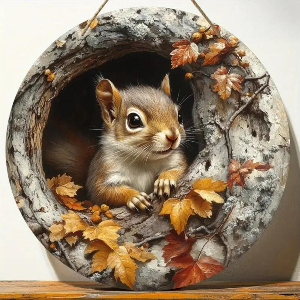 Kreisförmiges Holzschild mit 2D-Herbstbaumloch und Eichhörnchen, geeignet für Bar, Küche, Café, Wohnzimmer, Bürodekoration, Geschenke