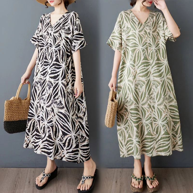 

Свободное хлопковое платье миди с v-образным вырезом, большие размеры, удобное дышащее платье с принтом для женщин больших размеров, летнее платье для поездок на работу
