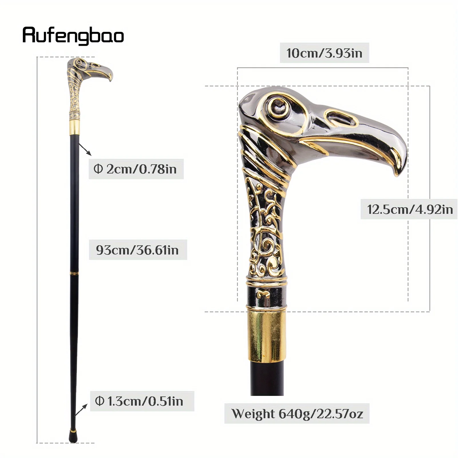 ไม้เท้าตกแต่งหรูหราหัวนกอินทรีสีดำทอง ไม้เท้าแฟชั่นสุดหรู ไม้เท้าคอสเพลย์ ไม้เท้าโลหะผสมสำหรับการแสดงบนเวที ความยาว 93 ซม.