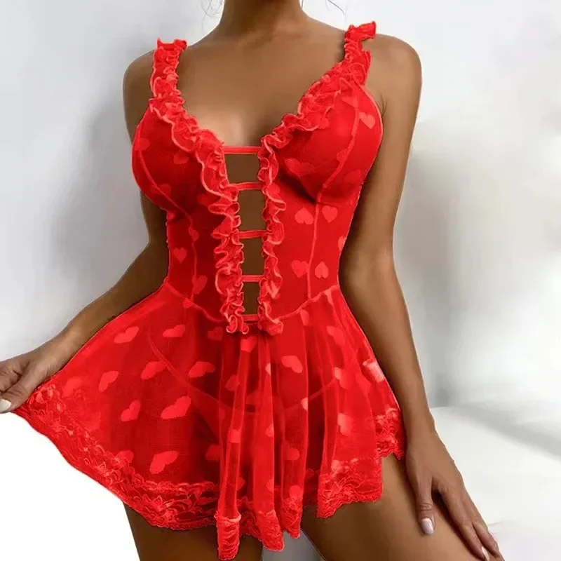 Erotic Clothes Sexy Women Sleepwear Hot Erotic Lingerie Women Front Closure Babydoll Lace Mesh Sleepwear Set Evening Dress