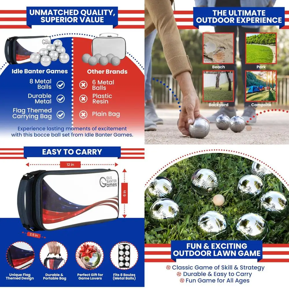 

Игровой набор Idle Banter Boules — футляр для переноски на тему флага с 8 мячами Petanque премиум-класса 73 мм, веселая и портативная игра для уличного газона