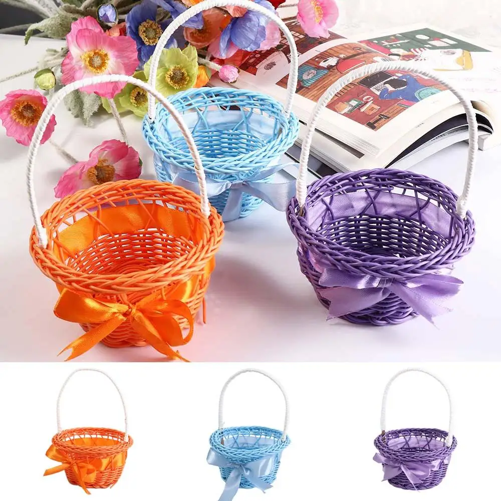 Imitation Rattan Round Small Flower Basket Decorative with handle Woven Hand-held Flower Basket Pink/Purple/Orange/Blue/Yellow