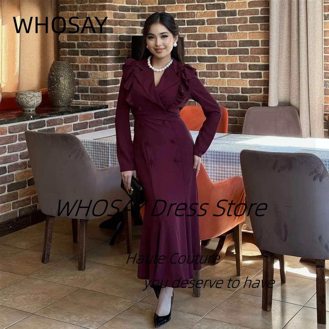 WHOSAY Lapel V Neck Prom Dresses with Buttons Ruched Long Sleeves платье вечернее Bespoke Ankle Length Evening Party Dress