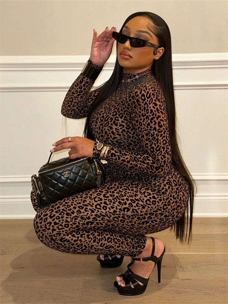 Aualay Autumn Trend Leopard Flocking Skinny Jumpsuit Sexy Night Clubwear For Women 2024 Long Sleeve See Through One Piece Romper