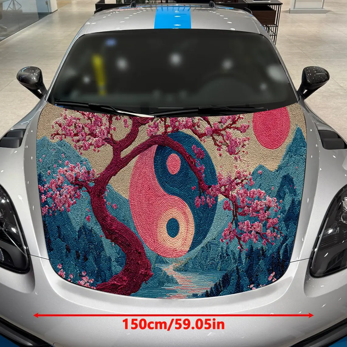 Tai Chi Elements: Landscape and Cherry Blossom Tree Car Hood Vinyl Stickers Car Surface Protection Decal Car Decoration Cover Vi
