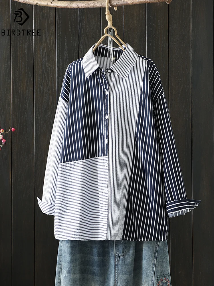 

New Summer Cotton Long Sleeve Shirt Women Lapel Striped Top Girl Sweet Retro Loose Patchwork Blouse 2024 Autumn T550139QM