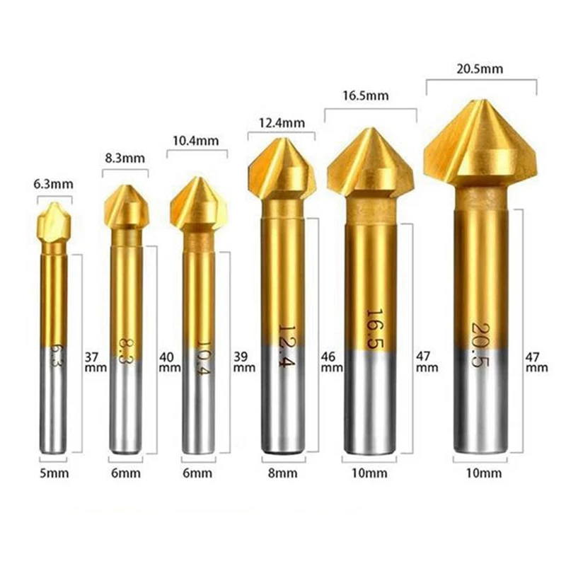 Promotion! 6Pcs Round Shank 3 Flute 90 Degree HSS Chamfer Chamfering Cutter End Mill Tool Countersink Drill Bit Set