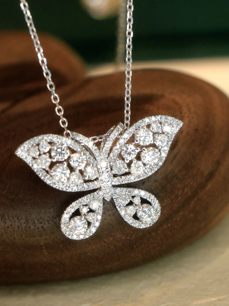 KUGG 100% 18K White Gold Necklace Women 0.88carat Real Natural Diamond Necklace Luxury Butterfly Shape High Wedding Jewelry