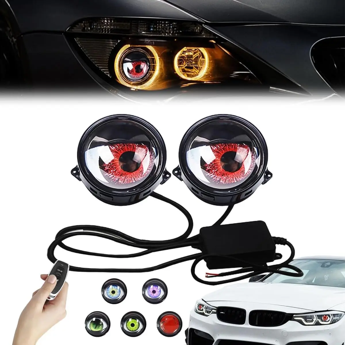 ديناميكية عيون الشيطان LED سيارة العلوي وامض الأحمر شيطان عيون المصابيح الأمامية مع عدسات ملونة للعيون تضيء أضواء مقلة العين السيارات