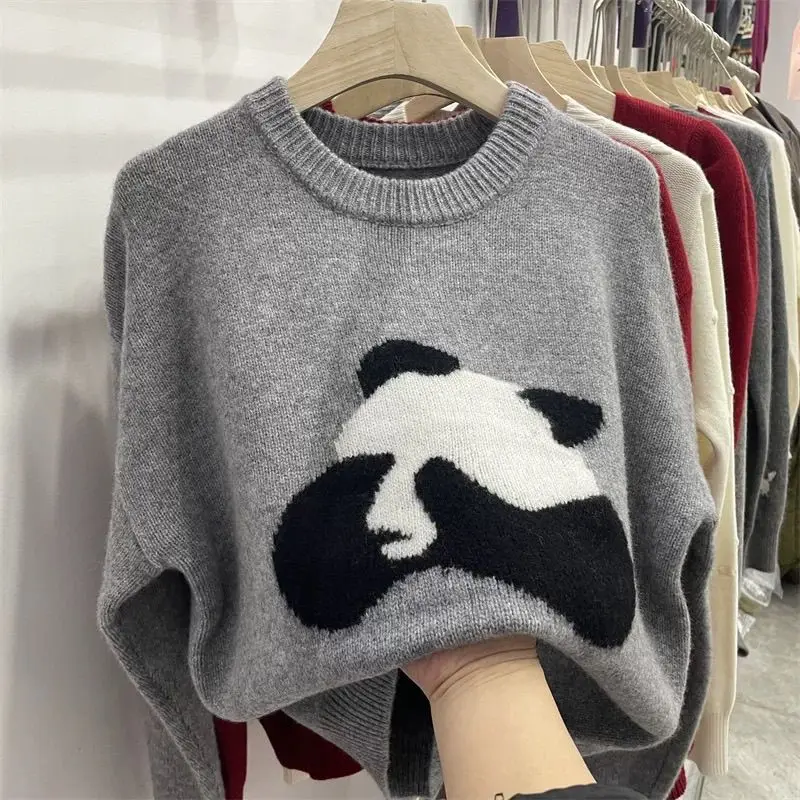 Jacquard Panda Towel Embroidered Knitted Sweater Autumn New Round Neck Sweater Women\'s Gray Short Pullover Top