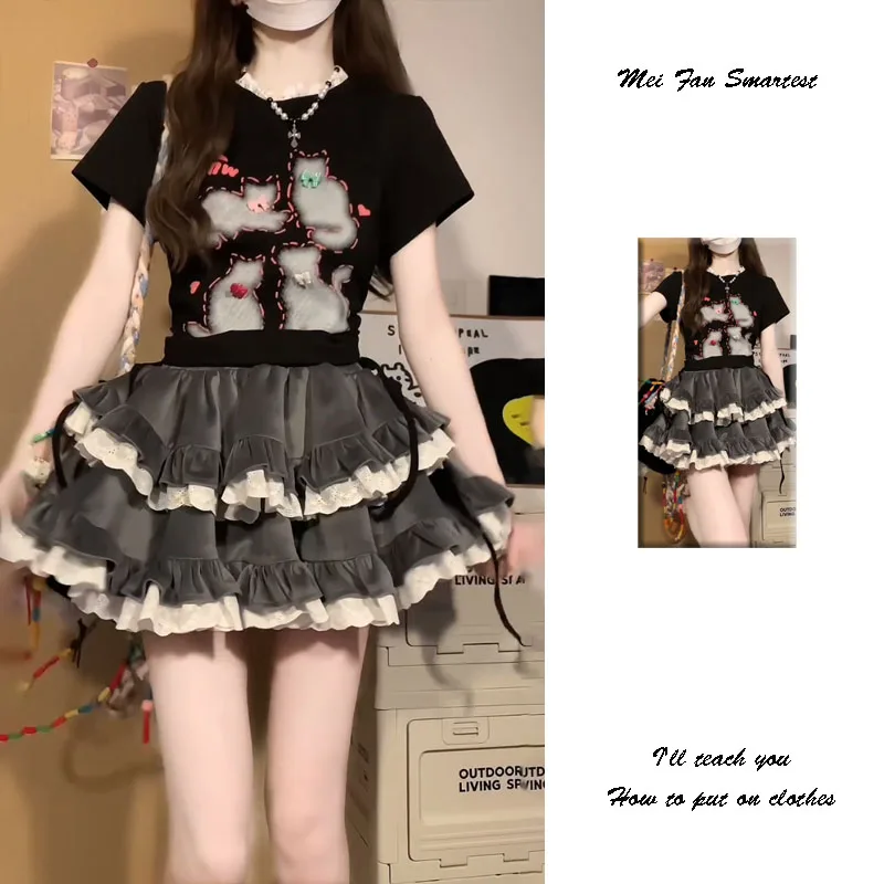 Summer Short Skirt Women's Puffy Lace Collar  T-shirt Shoulder Length Cake Skirt Two-piece Set High Waist Bodycon A-Line