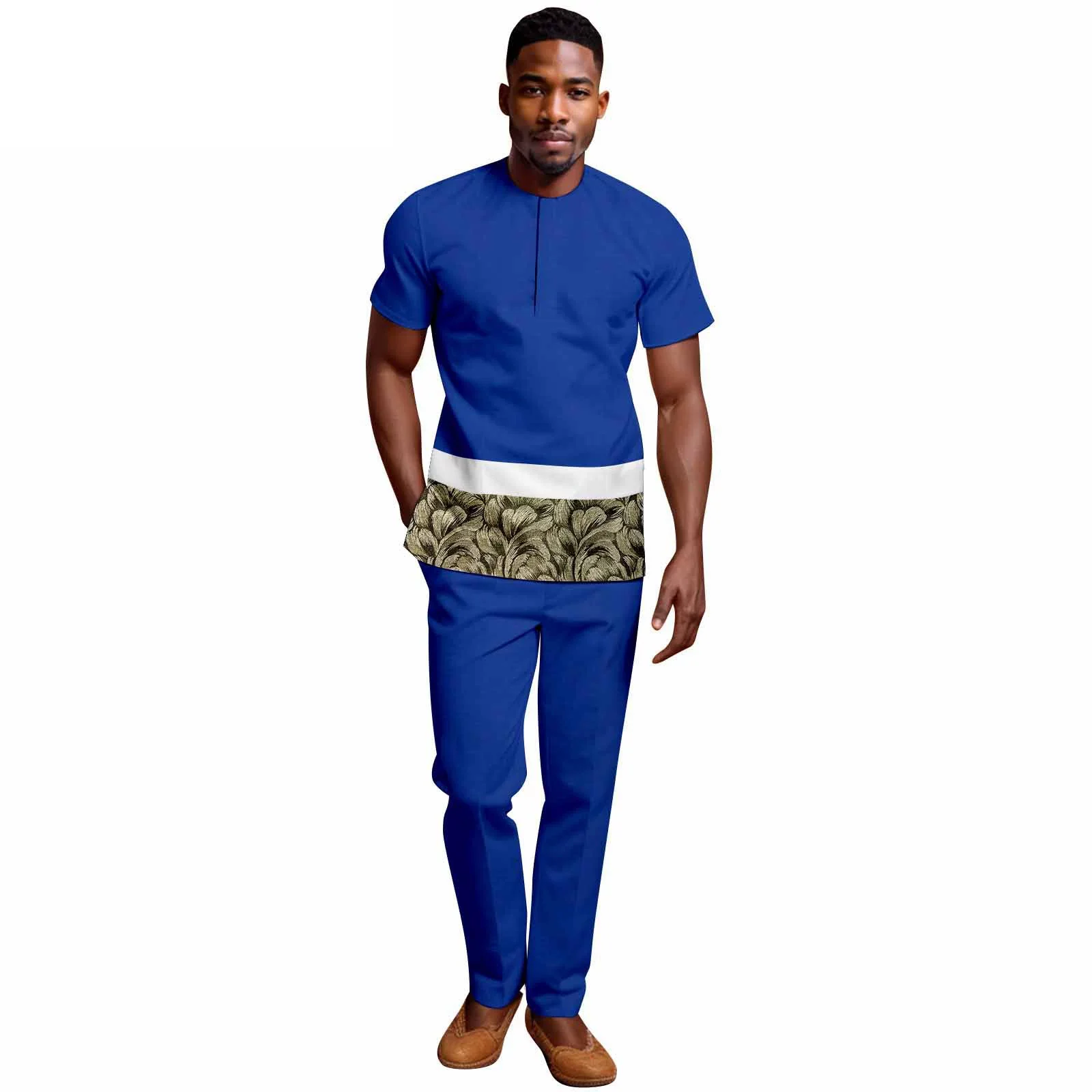 Африканский этнический однотонный хлопковый мужской повседневный костюм с короткими рукавами, топ и брюки, подходящий для разных случаев на вечеринках