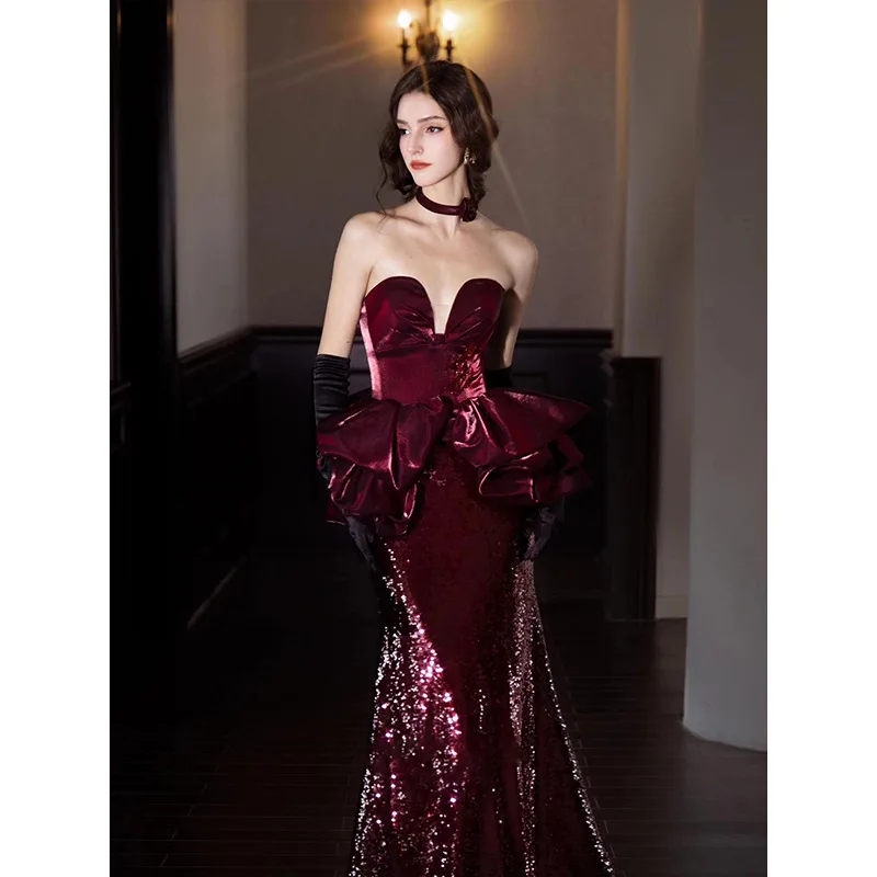 Tape and toast dress 2024 new high-end wedding dress fishtail banquet temperament host evening dress Prom Party Celebrity Gowns