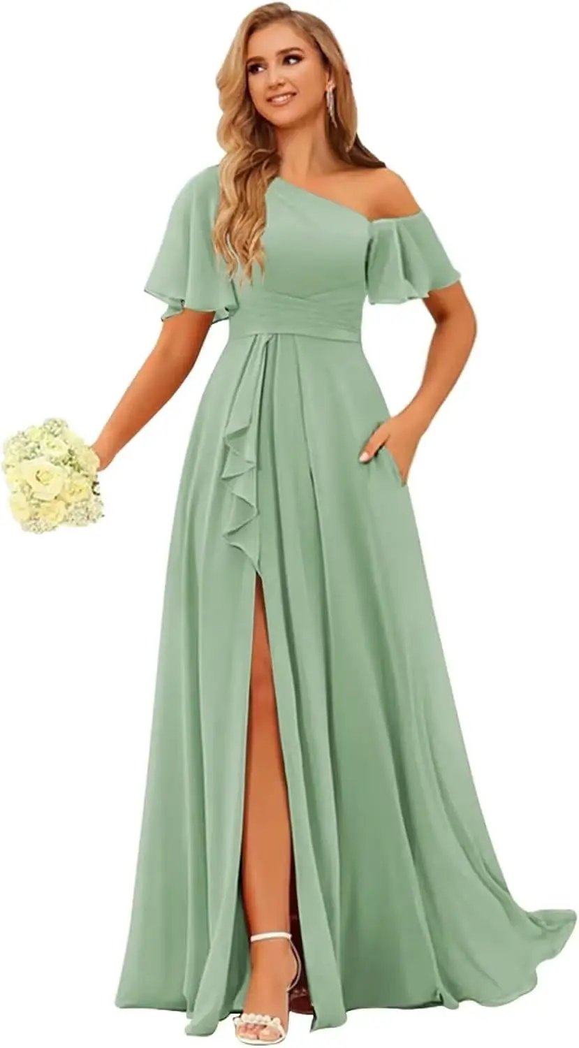 ชุดเพื่อนเจ้าสาวแบบไหล่เดียวสำหรับผู้หญิง มีกระเป๋าเสื้อ แขนสั้น ผ้าชีฟองระบาย แต่งงาน งานราตรี งานพรอม งานปาร์ตี้