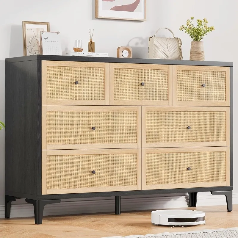 

Dresser for Bedroom with 7 Drawers, Wooden Boho Dresser for Closet, Store Organizer for Bedroom, Living Room, Hallway (Bl