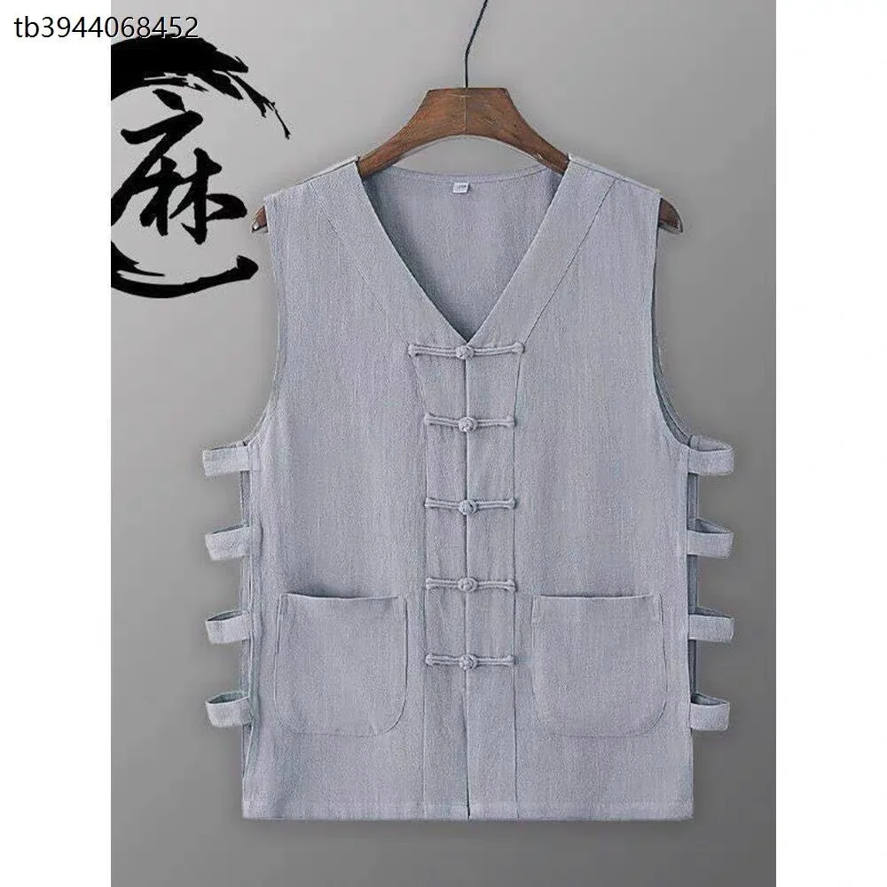 Loose Cotton Linen Sleeveless Vest Chinese Style Mid-Aged Men's Casual Wear Pure Color Button-Up Summer Top Tagkita Brand