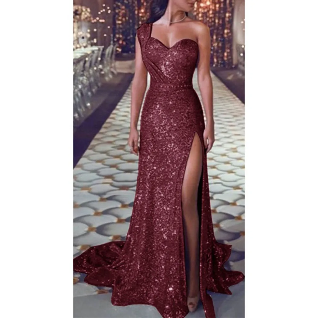 Kleider für Frauen sexy funkelnde Glitzer Pailletten eine Schulter ärmellose hohe Seite Schlitz Ballkleid Abend party Maxi kleid Vestidos