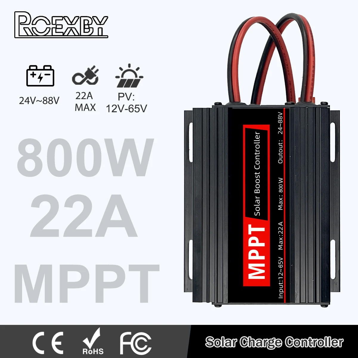 MPPT Booster Solar Controller 22A 800W PV 12V~65V Input Step-up 24~88V Charging Solar Charger for Lithium Gel AGM