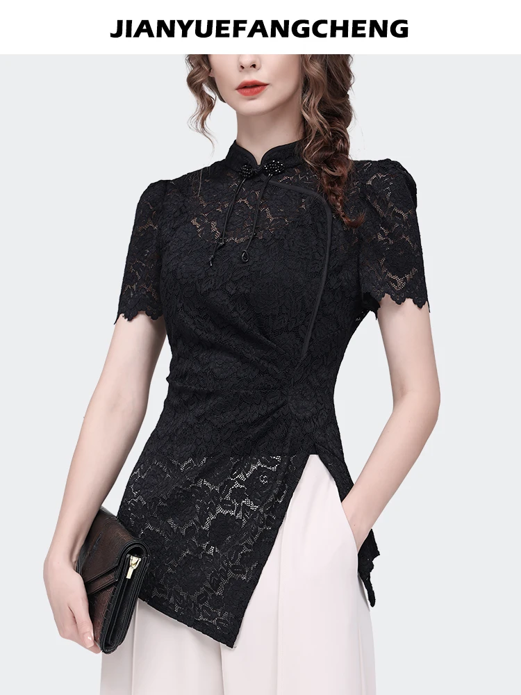 Vintage Chinese Style Women Short Sleeve Lace Tops Sexy Skinny Stand Collar Hollow Out Cinch Waist Casual Shirts Floral Blouses