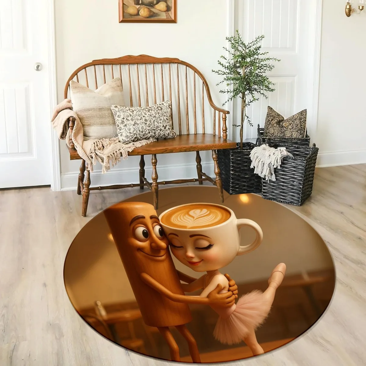 Abstract Cartoon Pen Holder Cappuccino Round Rug, Non-slip Floor Mat for Living Room, Bedroom, Bathroom, Holiday Home Decoration