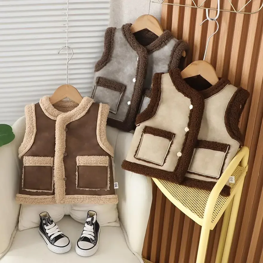 Toddler Infant Baby Clothing Korean Version Boys Girls Velvet Thickened Fur Integrated Warm Vest Jacket Christmas Kids Clothes