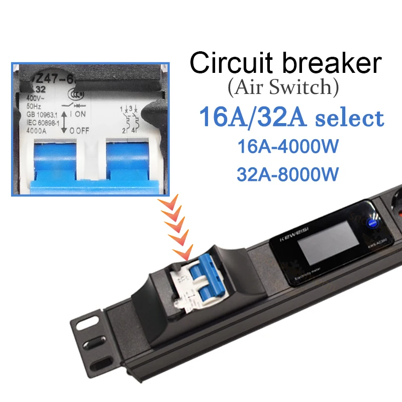 Smart Power Strip with Digital voltage current power timing temperature Meter 2 German Outlets Unit 4000/800W 16/32A air swtich