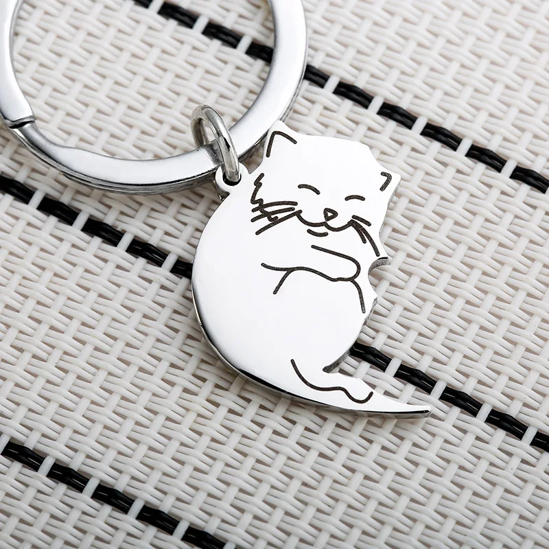 2PCS Couples Matching Cat Charm Key Chain Key Ring Stainless Steel Lover\'s Valentine\'s Day Gift