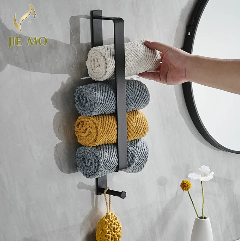 Non-punching vertical towel rack Black space aluminum guest bathroom towel rack with hook wall mounted towel bar