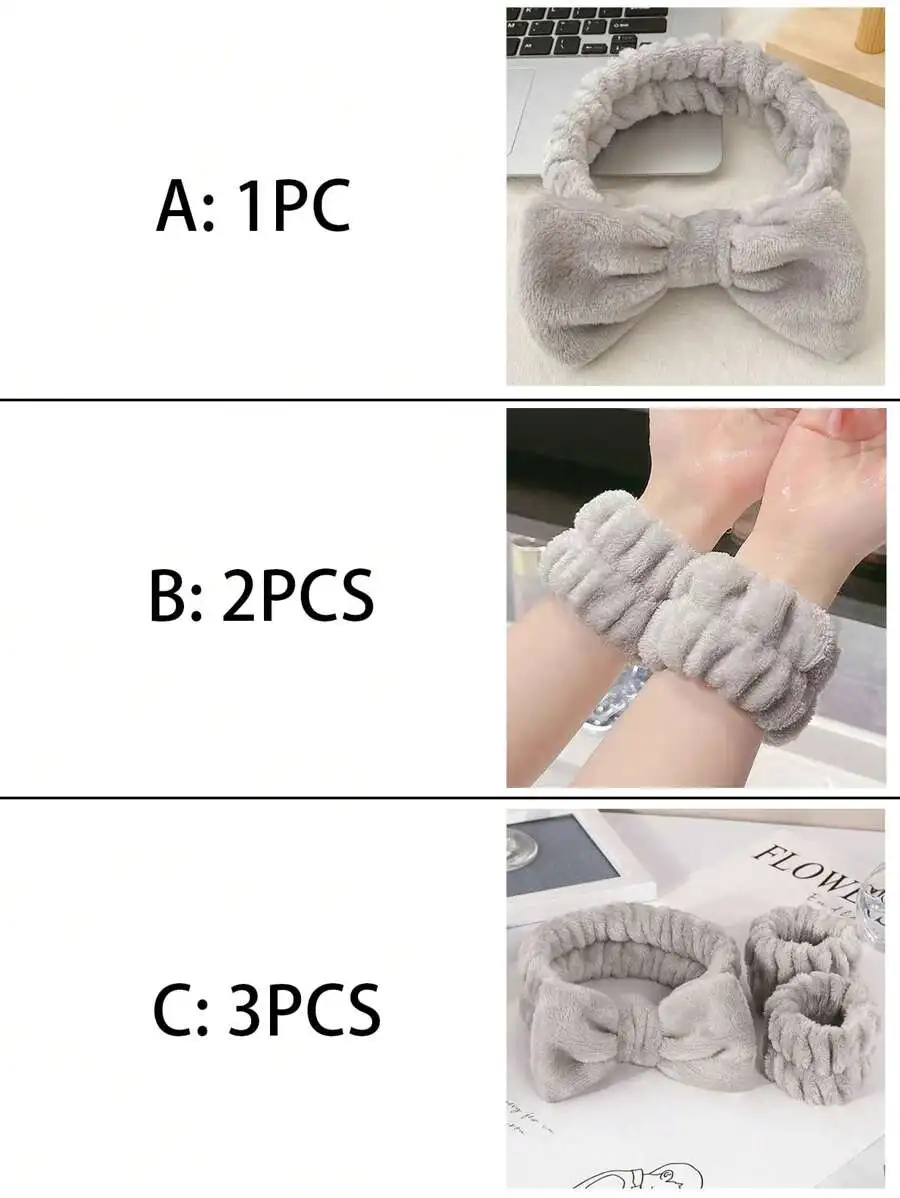 

Gray Solid Color Plush Headband And Wrist Bands Set For Bathroom Makeup Adult Hair Accessory