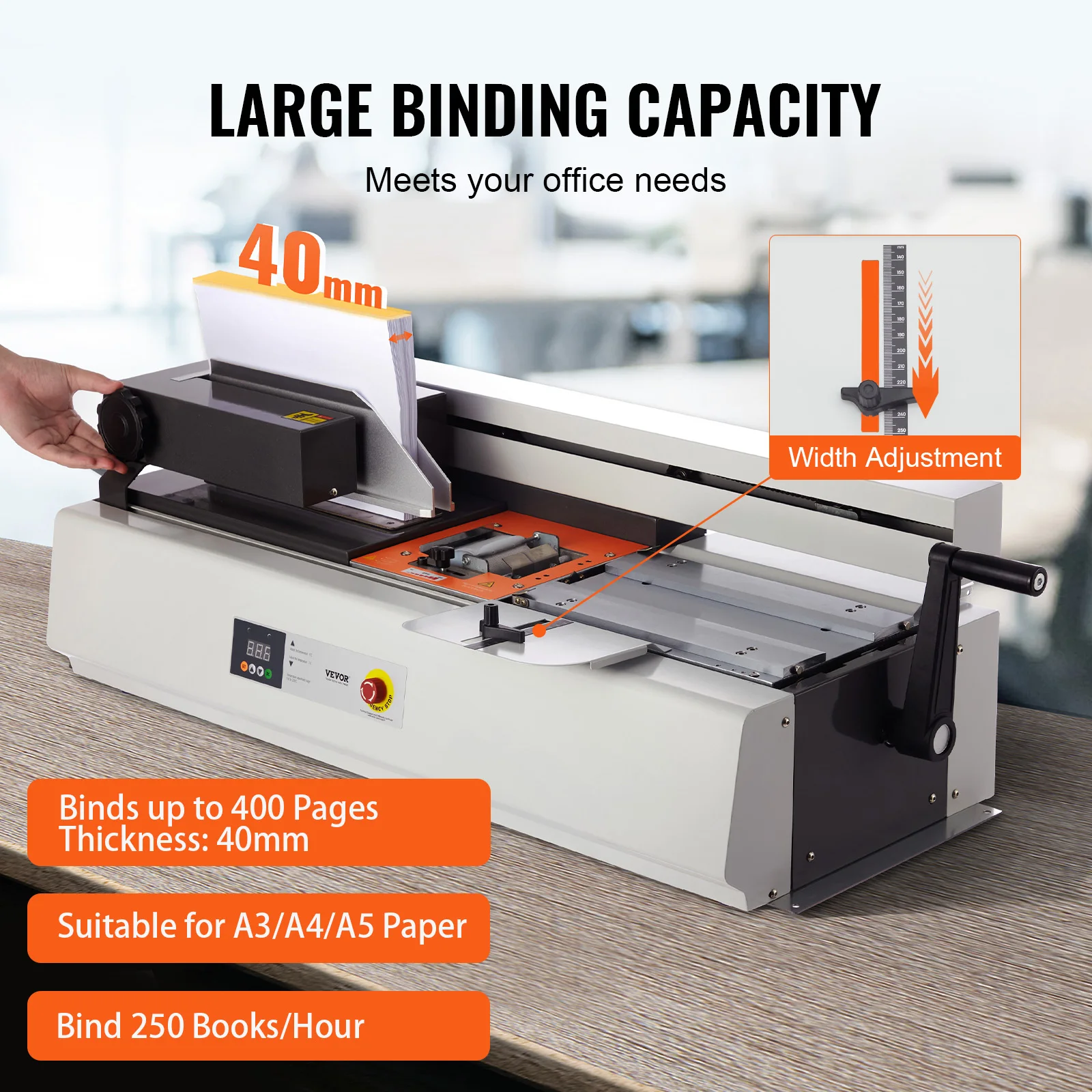 VEVOR Thermal Binding Machine 400 Hot Glue Binding Machine Thermal Book 40mm Binding Thickness A3(Short Edge)/A4/A5 Document