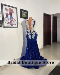 Glitter Dimonds Royal Blue Prom Dresses Mermaid Style Luxury Sparkly Rhinestones Crystals Sequin Gown Prom Party Wedding Gowns