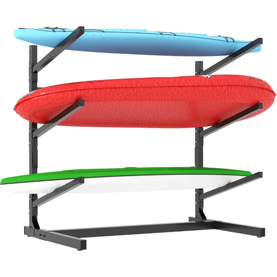 رف تخزين كاياك لـ 3 قوارب الكاياك رف كاياك قائم بذاته مع عجلات معدنية حامل كاياك داخلي رف تخزين المرآب عالي التحمل لـ