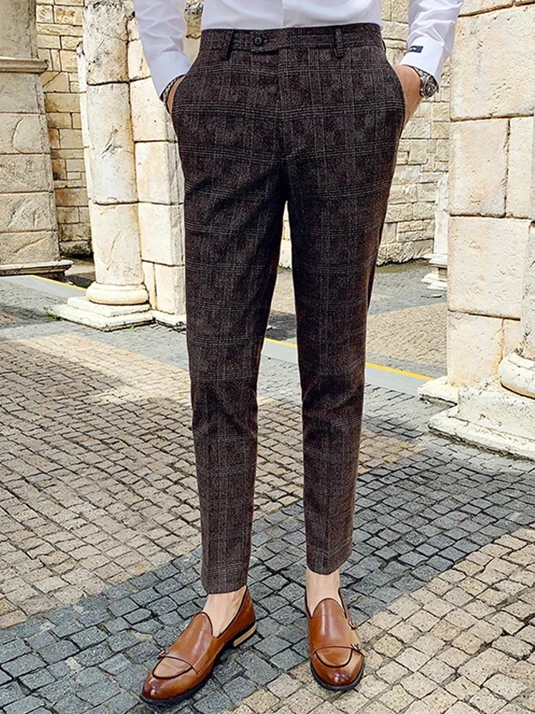 2024 New Boutique Classic Plaid and Striped Fashion Men\'s Casual Business Slim Suit Pants Groom Wedding Dress Trousers Party