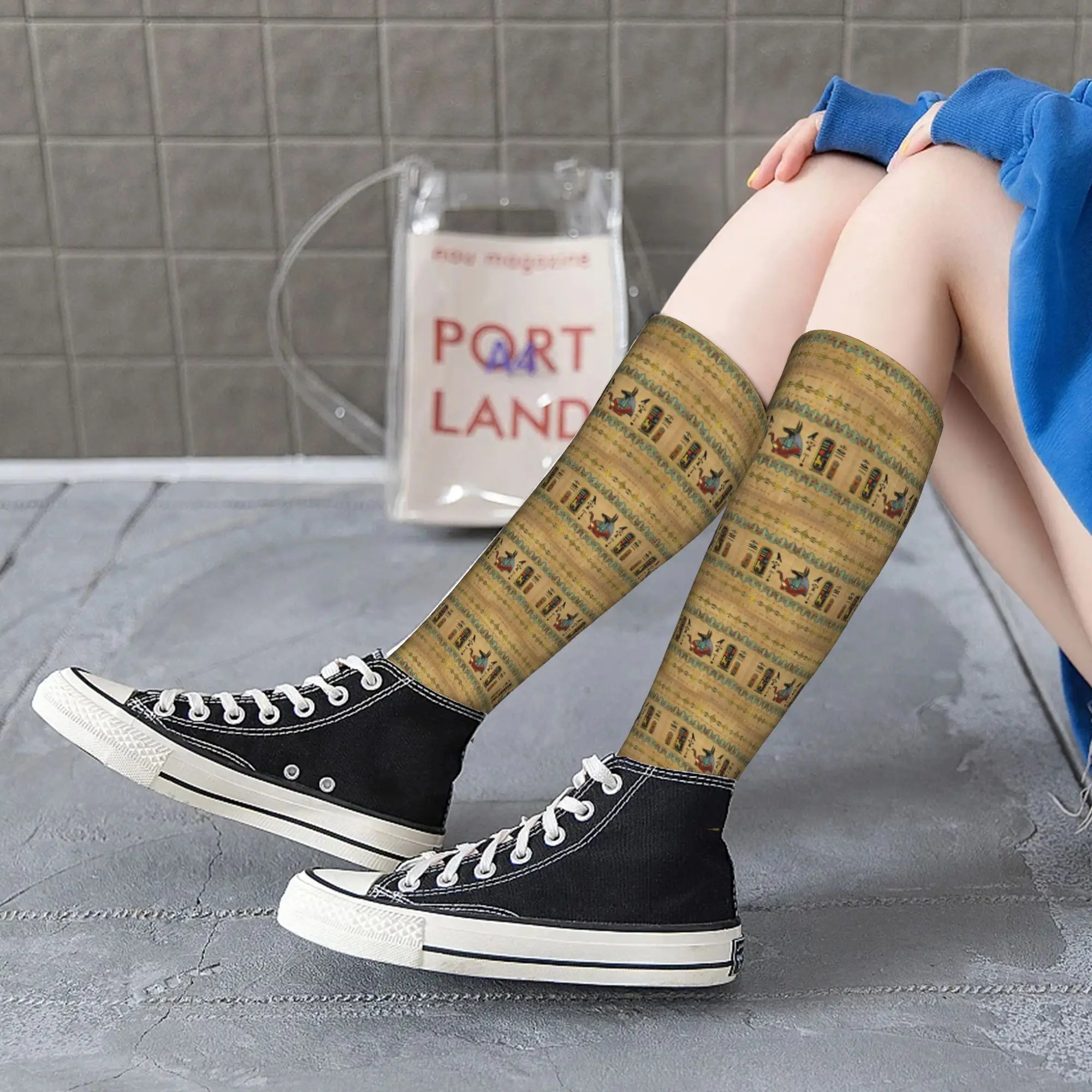All Seasons Crew Stockings Egyptian Anubis Ornament on papyrus Socks Harajuku Casual  Long Socks Accessories for Men Women Gifts