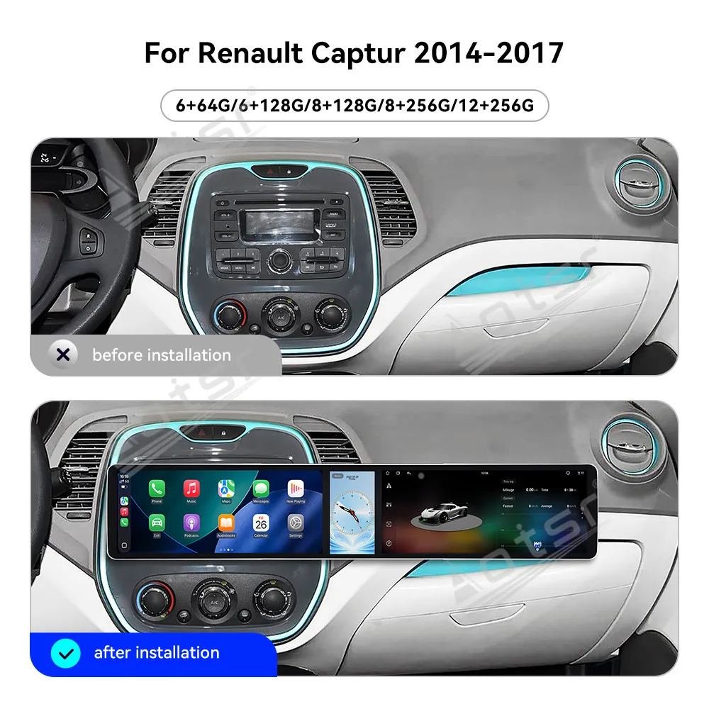 12.3 inch Triple Screen Dashboard For Renault Captur 2014-2017 Android 15 System Wireless CarPlay GPS Navigation Car Radio