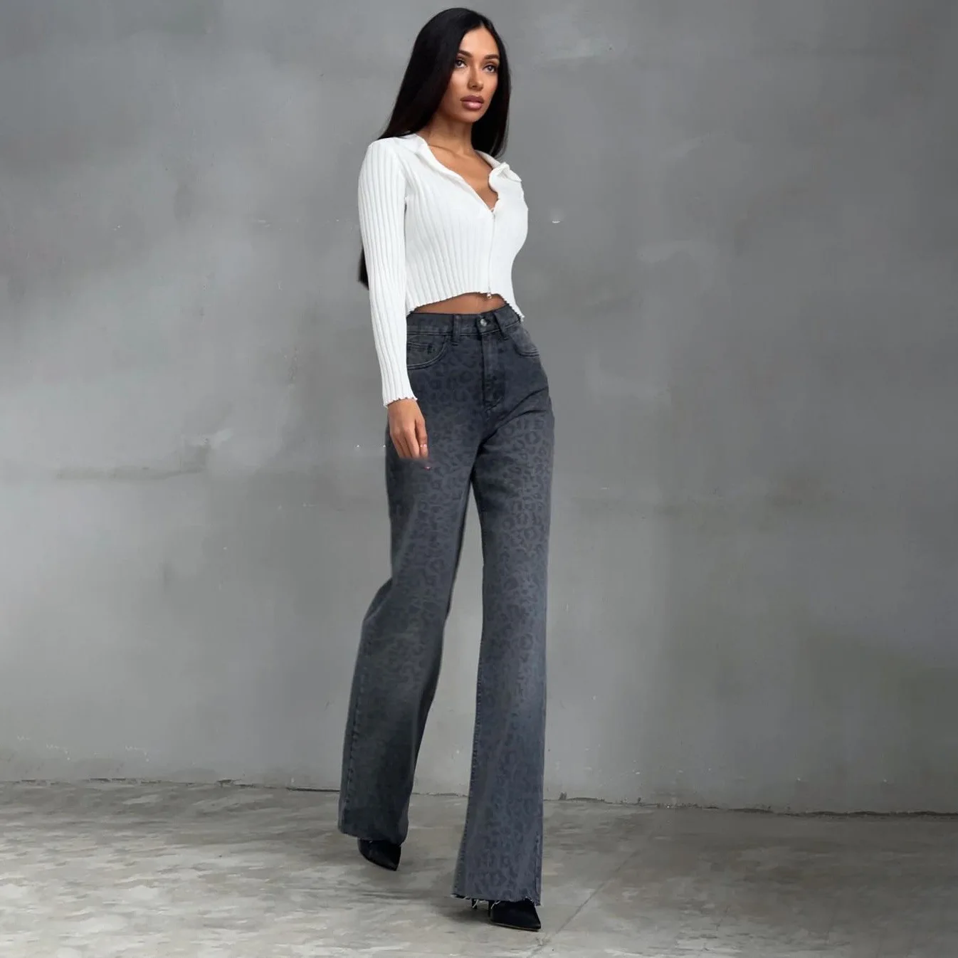 Gewaschene Jeans Skinny Straight Pants Vintage machen alte Jeans mit hoher Taille neue Damen Jeans mit Leoparden muster