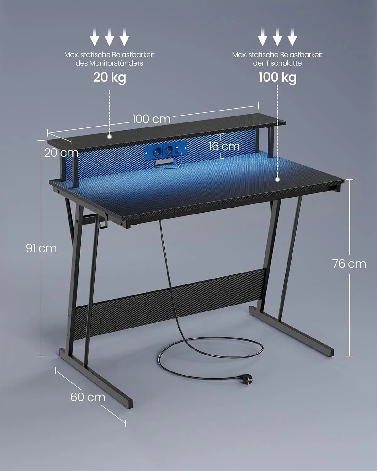 VASAGLE desk, with built-in sockets strip, LED lighting