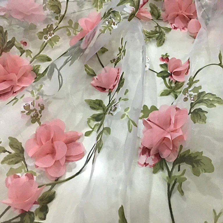 High-grade chiffon lace organza handmade flower fabric three-dimensional embroidery flower diy wedding dress fabric 50x140cm