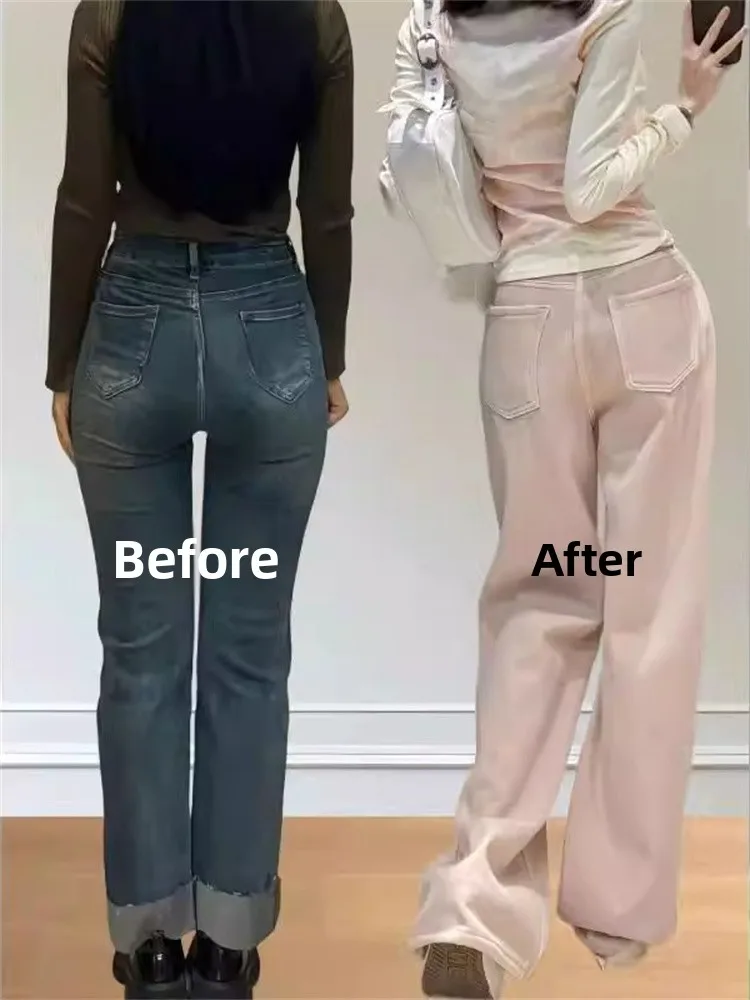 ピンクストレートレッグジーンズ レディース 夏 薄手 ワイドウエスト アイスシルク ワイドレッグパンツ ハイウエスト ルーズフィット 無地 ボタン留め